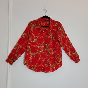 IMAN Red Blouse with Gold Chain Print